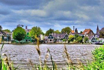 Scenic village view with lake and houses in Zaanse Schans